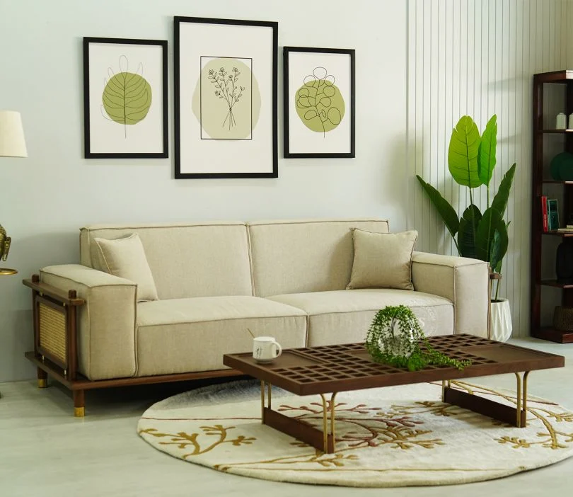 Saket 3 Seater Ash Wood Cane Sofa